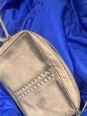 Neutral Taupe Leather Woven-Accent Crossbody Bag